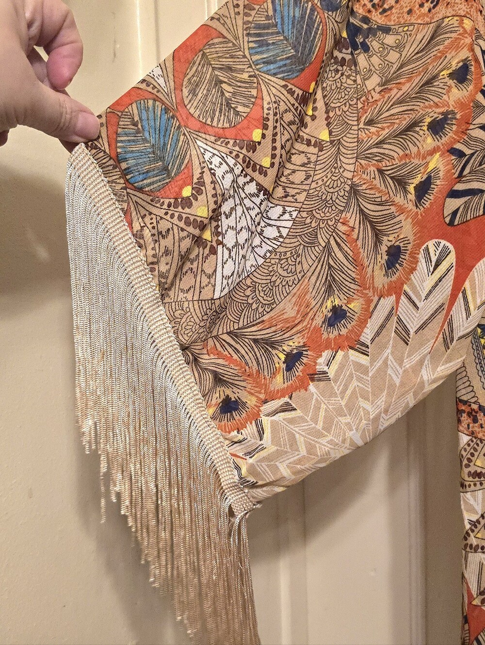 Boho Western Fringe Kimono Duster in Coral, Navy & Cream Feather Theme OS